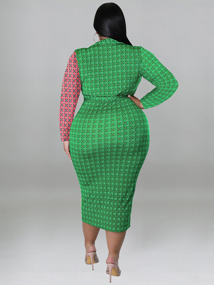 Plus Size Color Block Belted Midi Dresses