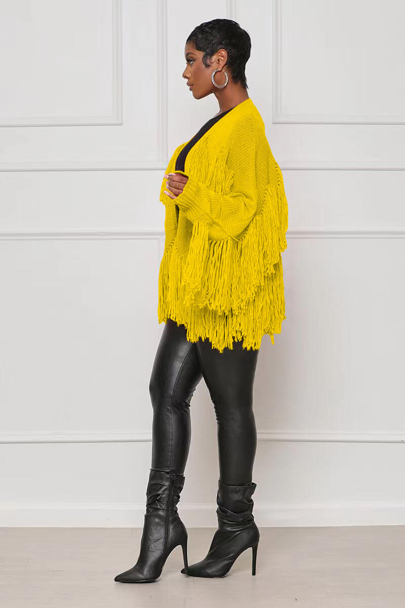 Knit Long Sleeve Tassel Ribbed Cardigan