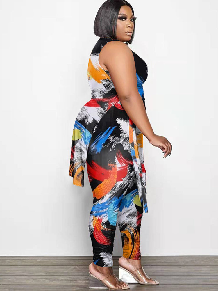 Plus Size Two Piece Figure Print Pant Suits