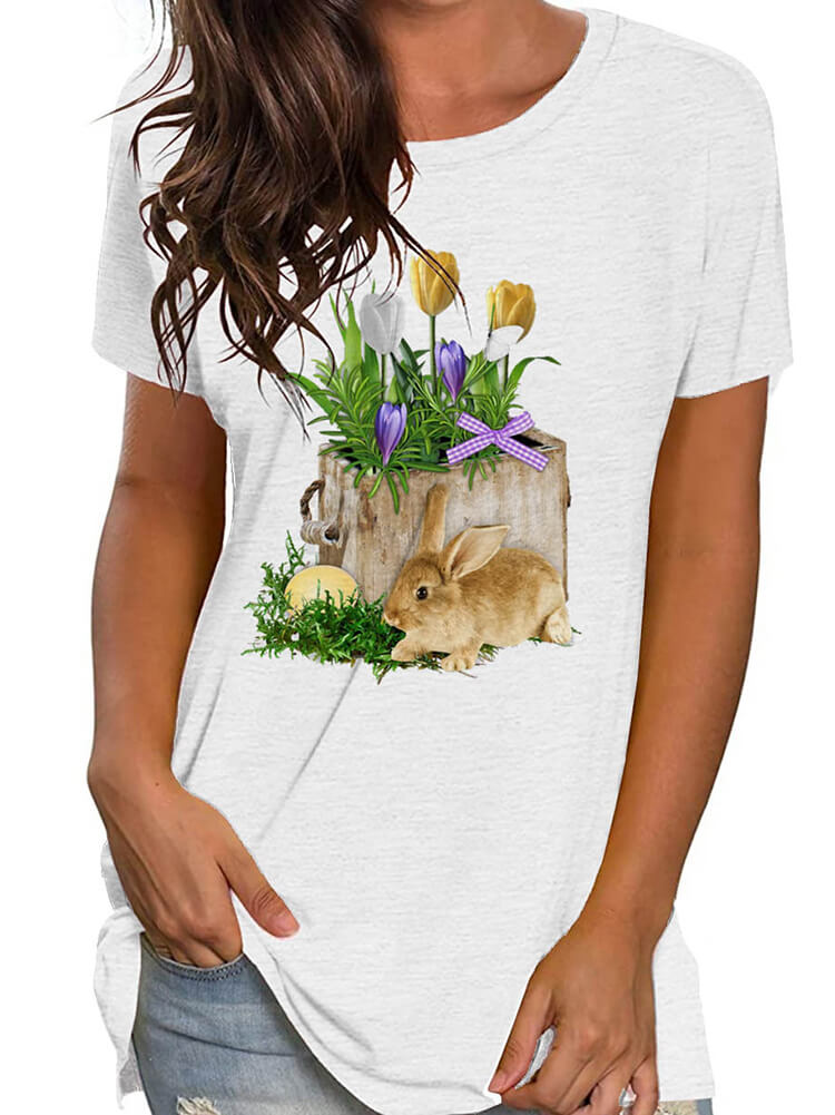 Plus Size Easter Short Sleeve Bunny Print T-shirt