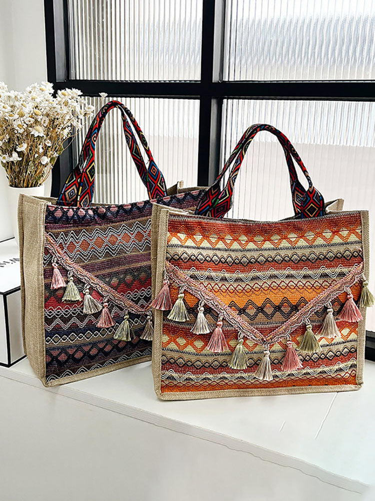 Cotton Linen Tassels Print Tote Shoulder Bags