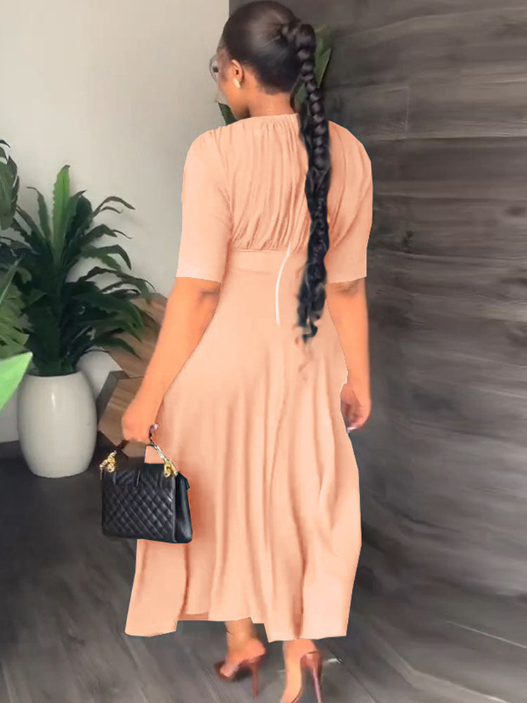 Short Sleeves Ruched High Waist Maxi Dresses