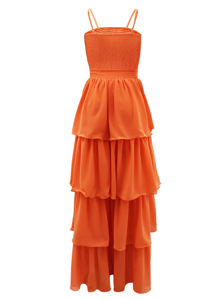 Chiffon Spaghetti Strap Ruffle Maxi Dress