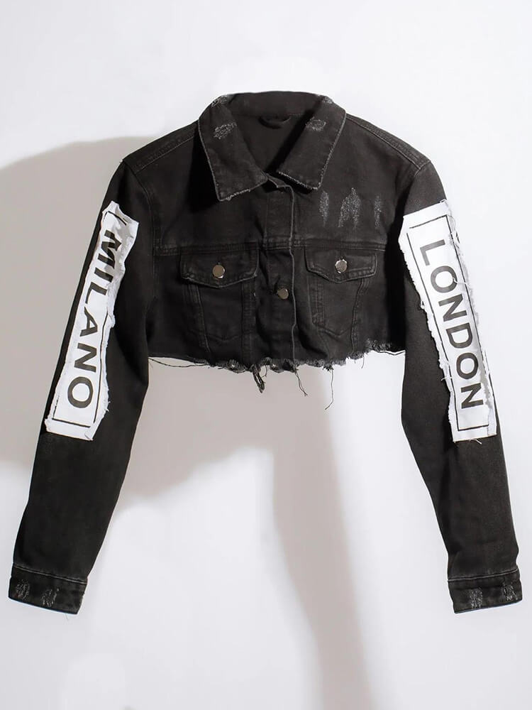 Denim Long Sleeve Letter Print Short Jackets