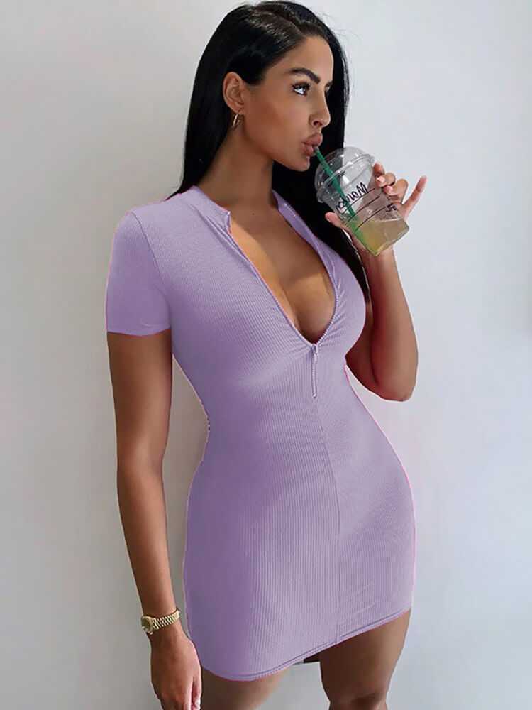 Short Sleeve Zip Up Bodycon Mini Dresses