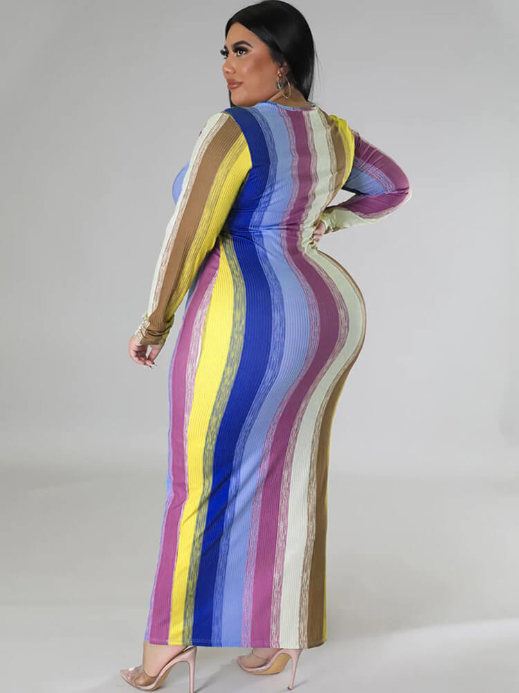 Plus Size Long Sleeve Color Block Maxi Dresses