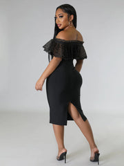 Off Shoulder Mesh Ruffle Split Midi Dress