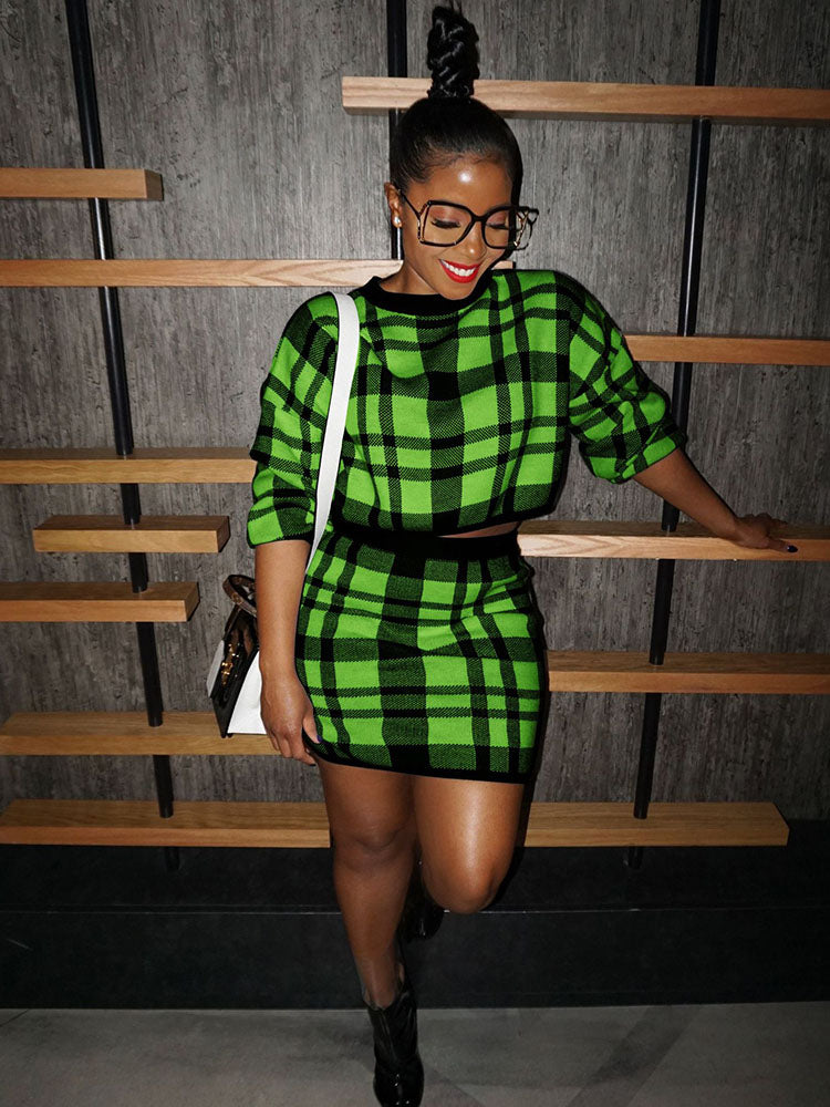 Knit Two Piece Plaid Print Skirt Suits