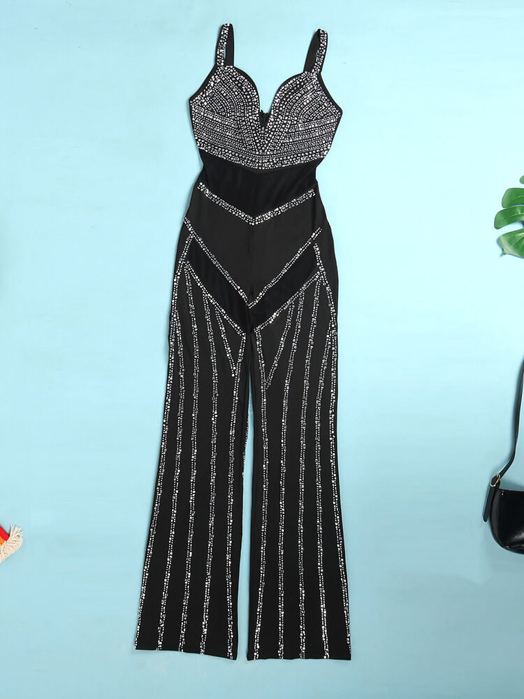 Rhinestone Spaghetti Strap Mesh Patchwork Jumpsuits