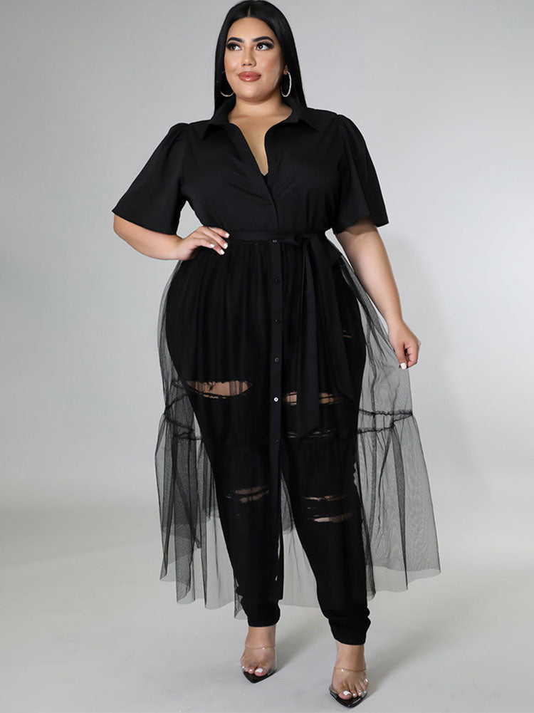 Plus Size Mesh Patchwork Short Sleeve V Neck Tops