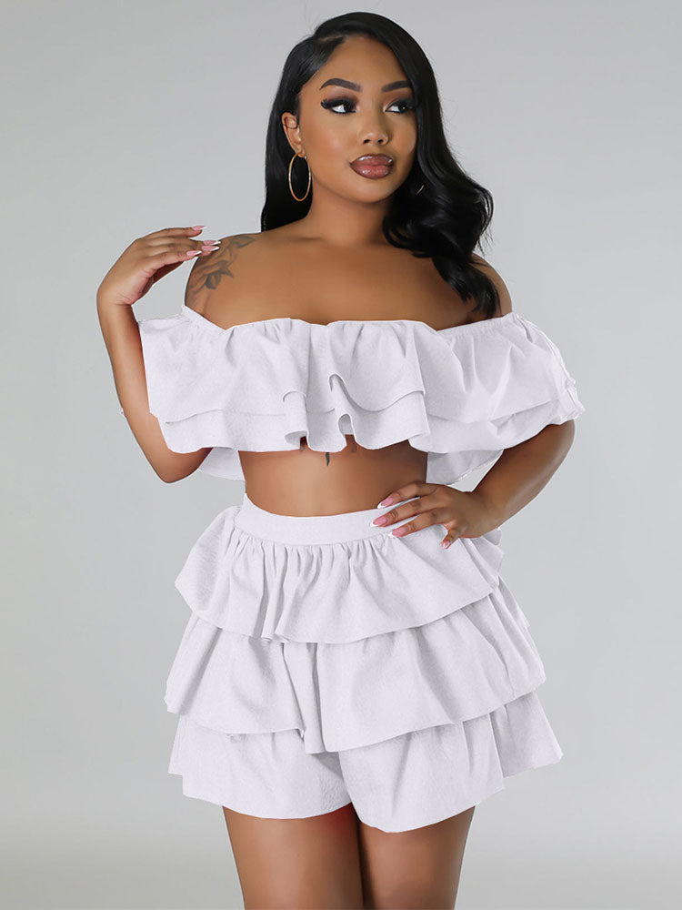 Ruffled Edge Bandeau Crop Top Shorts Set