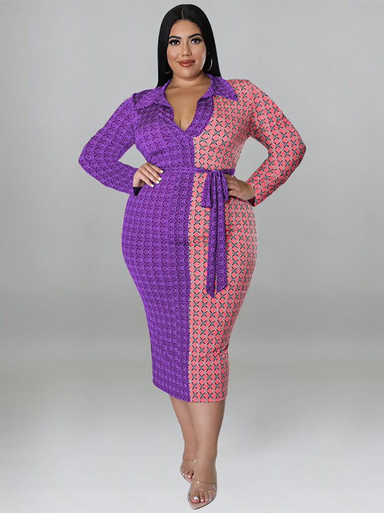 Plus Size Color Block Belted Midi Dresses