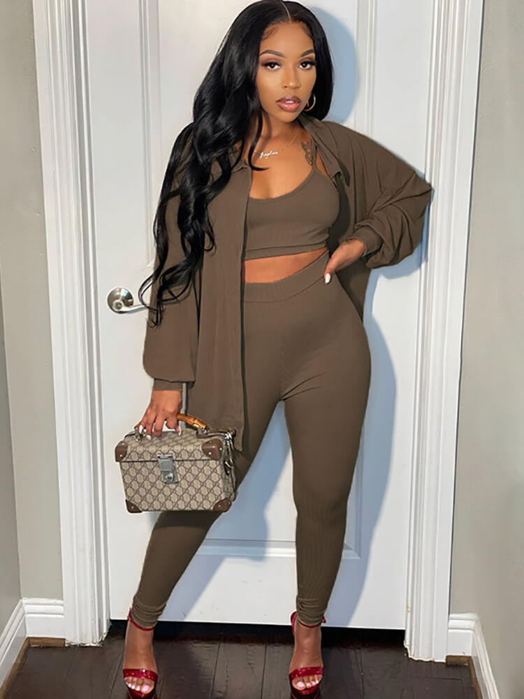 Three Piece Long Sleeve Solid Pants Suit