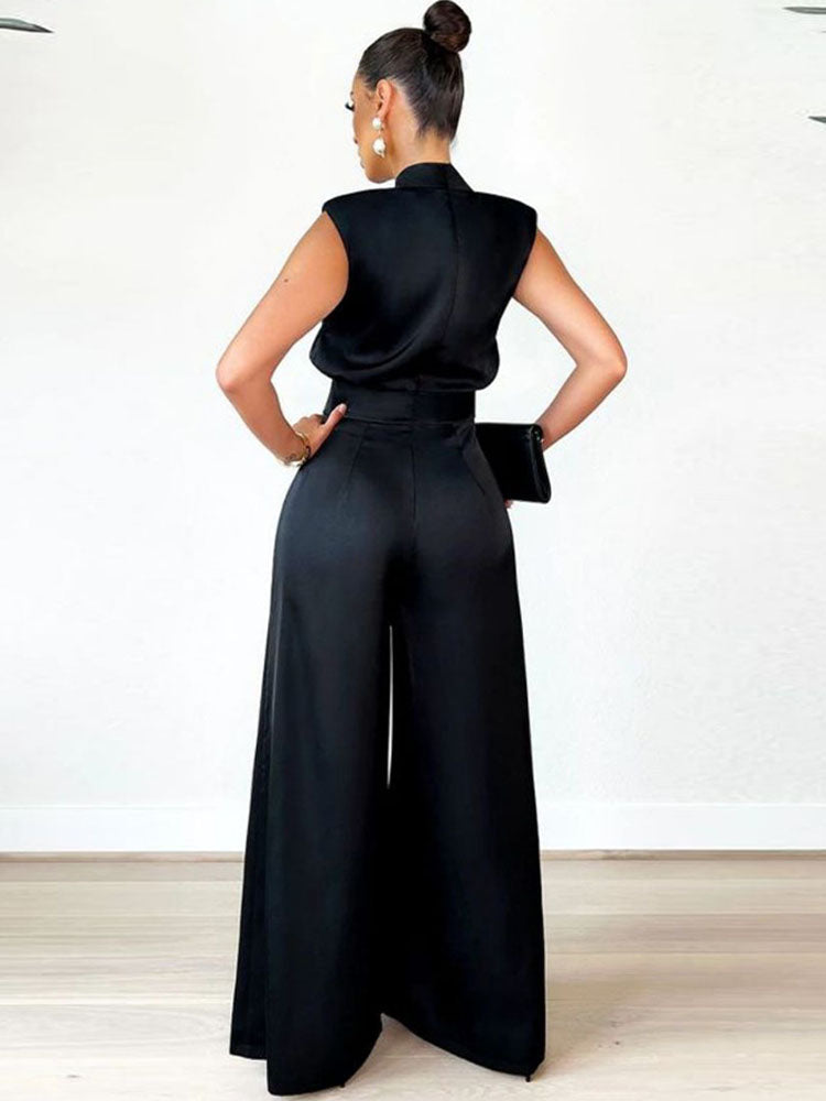 Sleeveless Mock Neck Wide-Leg Jumpsuit