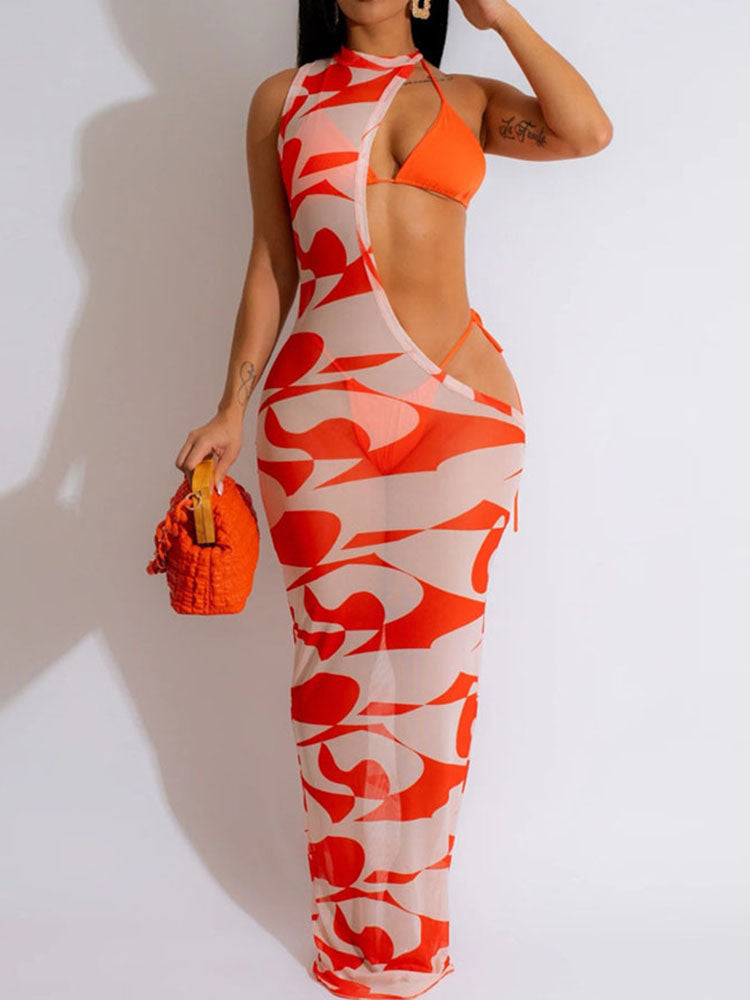 Irregular Print Mesh Maxi Dress with Bikini Set