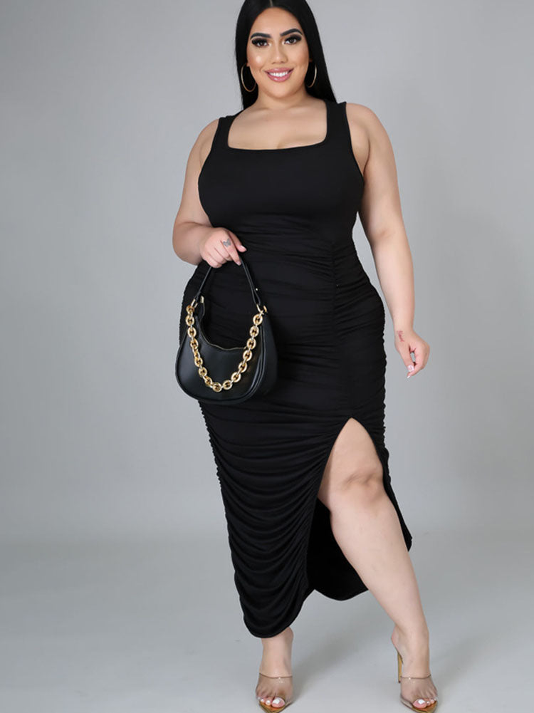 Plus Size Sleeveless Ruched Midi Dresses