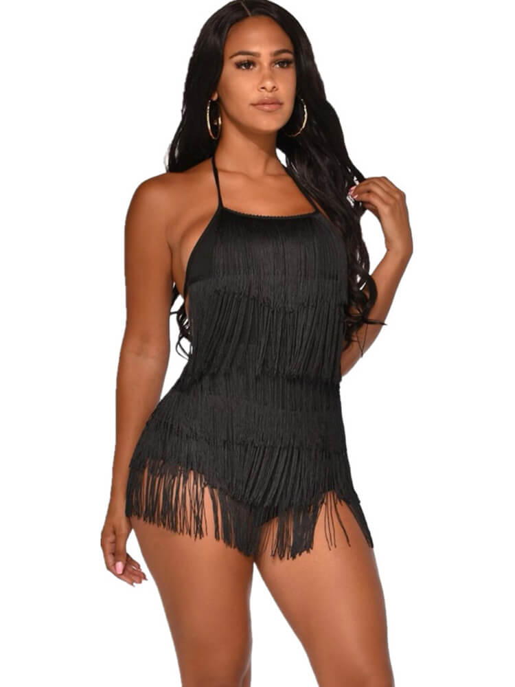 Tassel Halter Neck Backless Short Jumpsuit