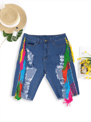 Stretchy Side Multicolor Tassel Distressed Denim Jeans Shorts