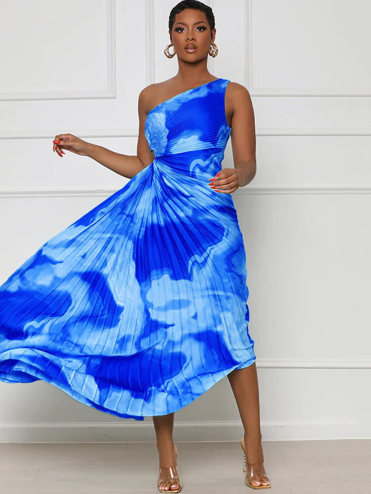 One Shouler Tie Dye Ruched Midi Dresses