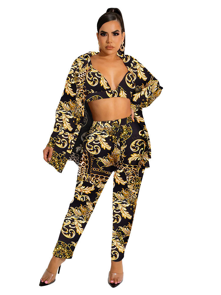 Three Piece Print Coat Bra Long Pants Set