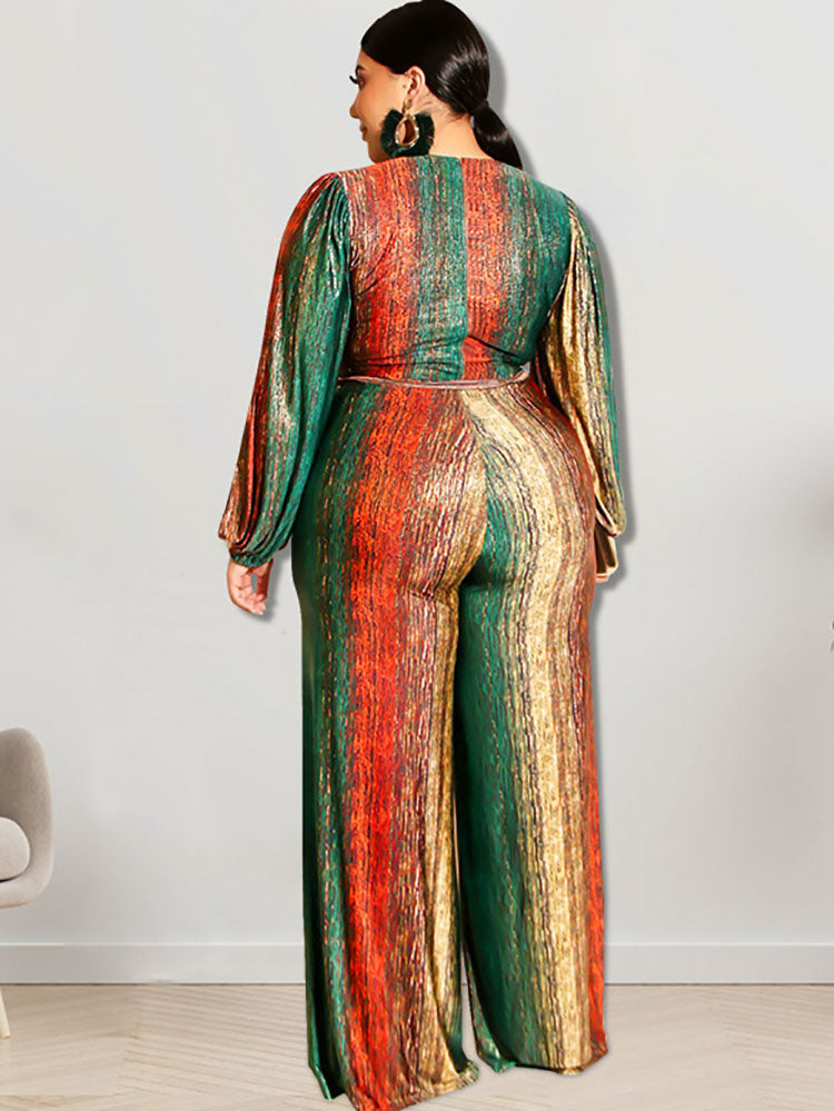 Plus Size Long Sleeves Tie Dyed Print Jumpsuits