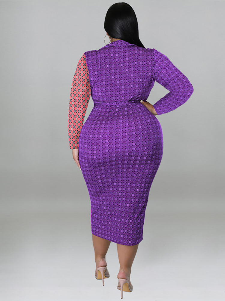 Plus Size Color Block Belted Midi Dresses