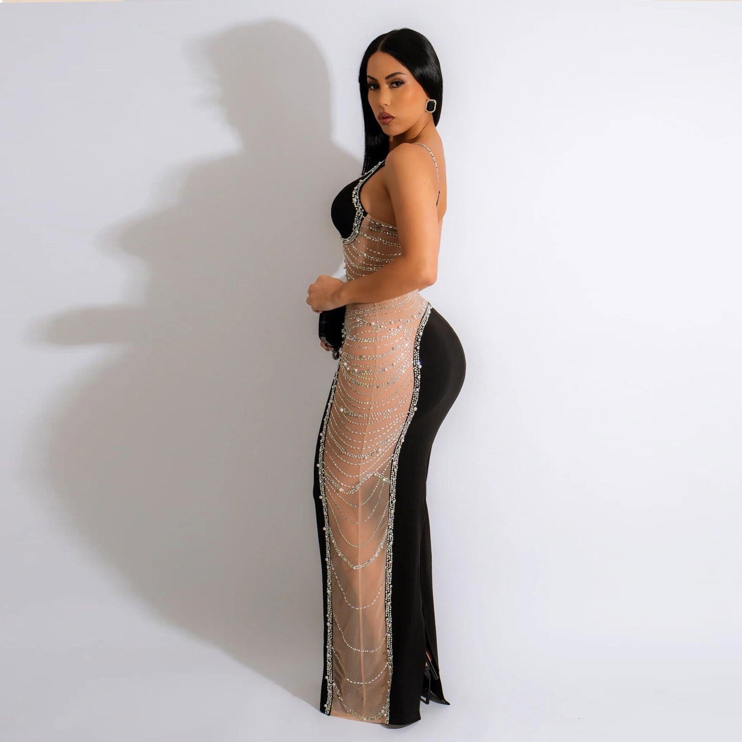 Rhinestone One Shoulder Mesh Maxi Dresses