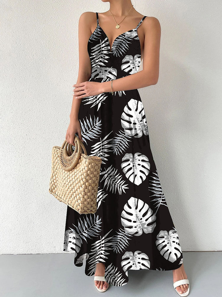 Spaghetti Strap Leaf Print Maxi Dresses