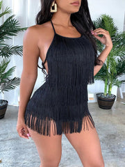 Tassel Halter Neck Backless Short Jumpsuit