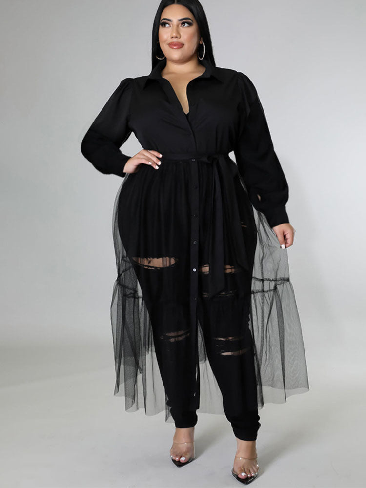 Plus Size Mesh Patchwork Long Sleeve V Neck Tops