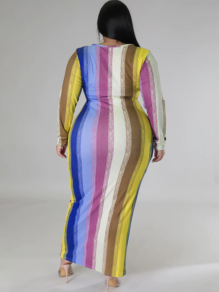 Plus Size Long Sleeve Color Block Maxi Dresses