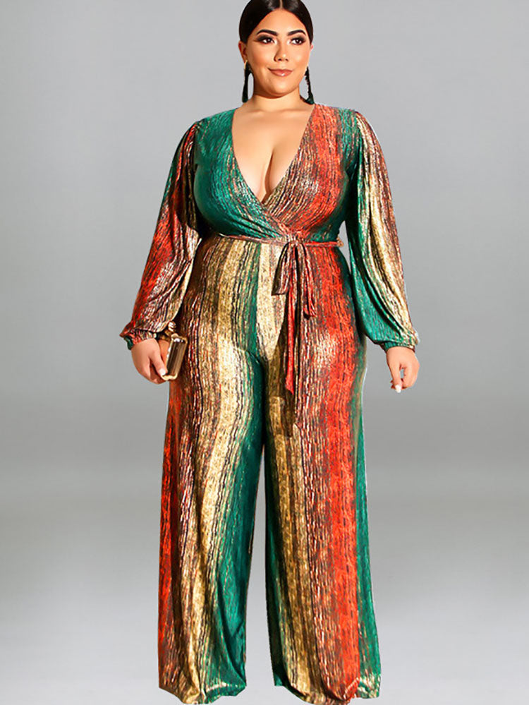 Plus Size Long Sleeves Tie Dyed Print Jumpsuits