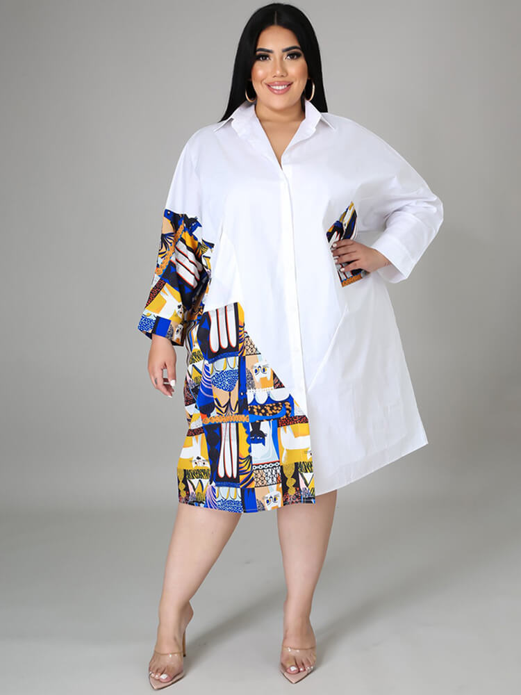 Plus Size Long Sleeve Loose  Shirts Midi Dresses