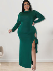 Plus Size Long Sleeve Mock Neck Split Maxi Dresses