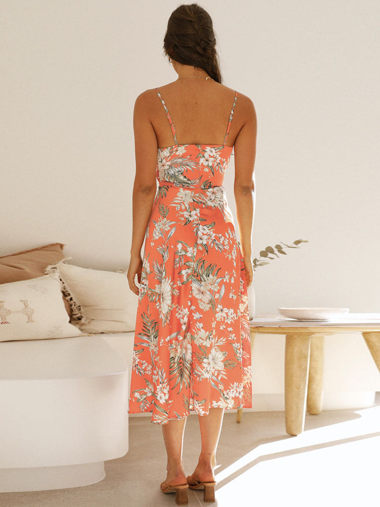 Floral Print V Neck Backless Maxi Dresses