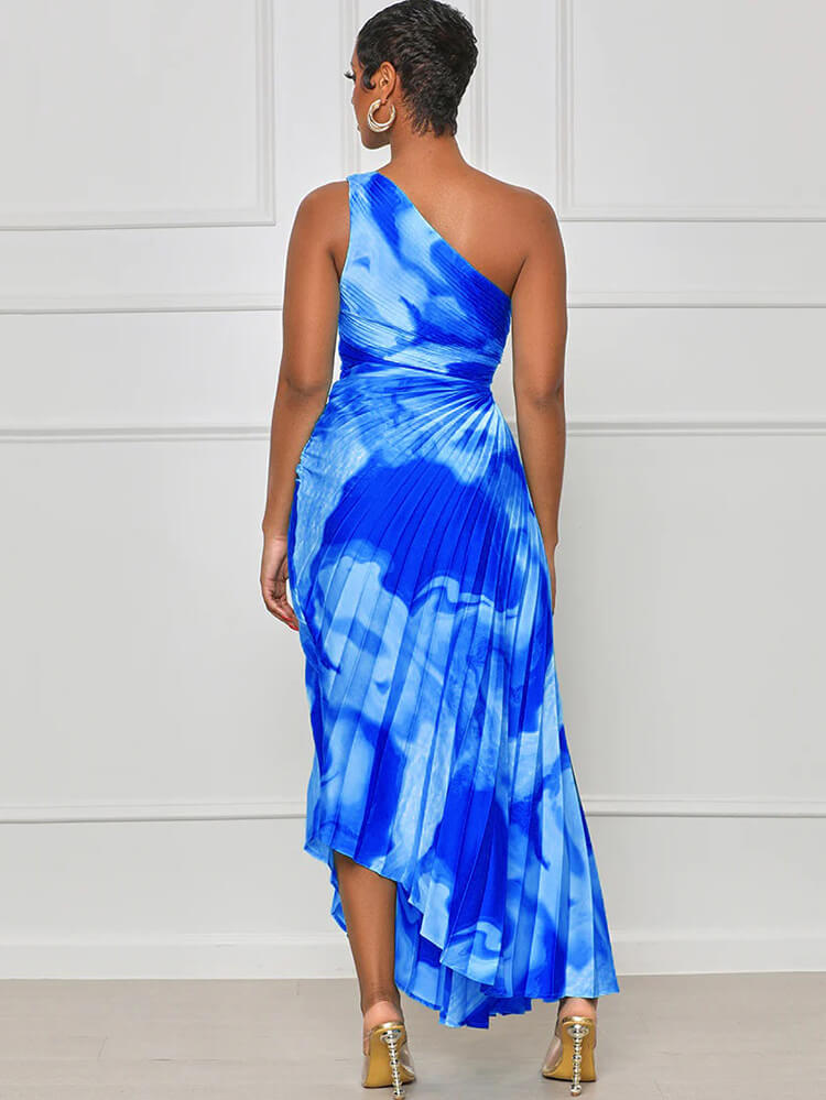 One Shouler Tie Dye Ruched Midi Dresses