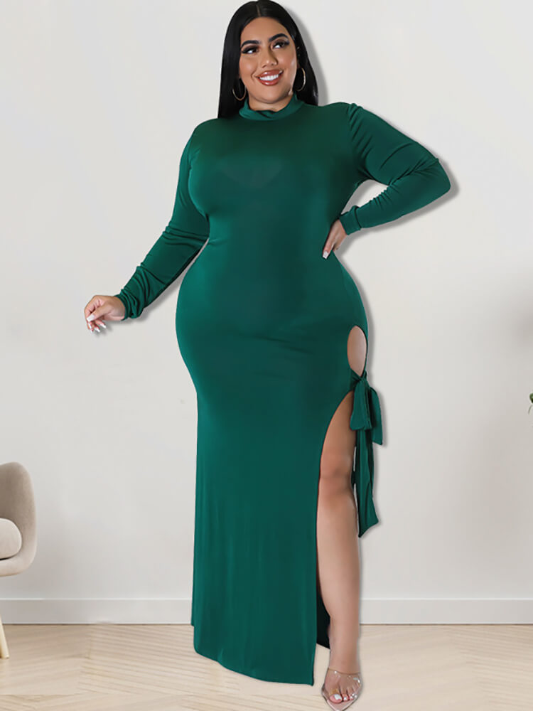 Plus Size Mock Neck Flare Maxi Dress with Zipper Back and French Terry Fabric