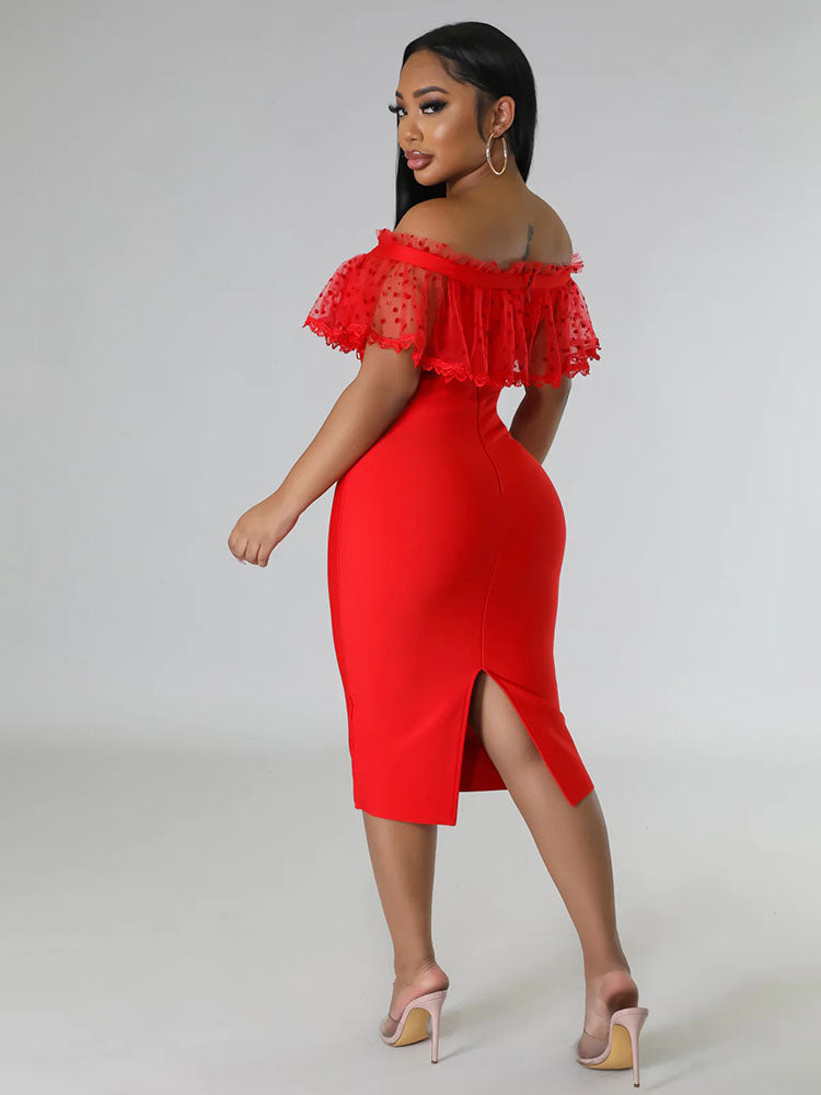 Off Shoulder Mesh Ruffle Split Midi Dress