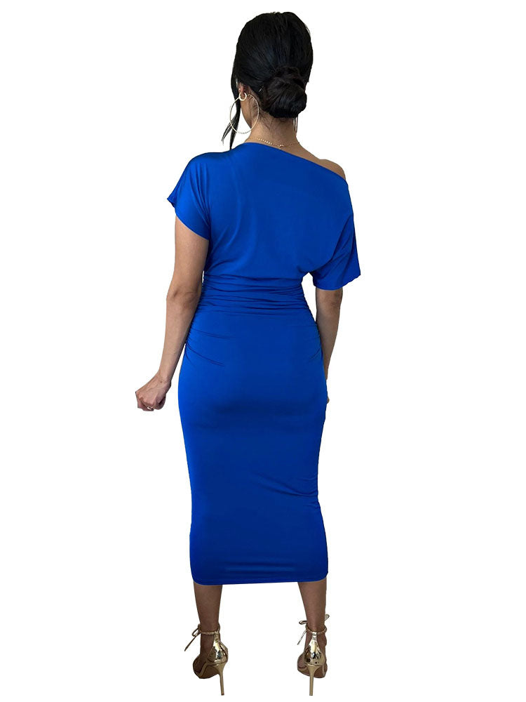 One Shoulder Short Sleeve Ruched Midi Dresses