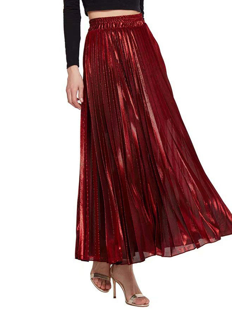 Elastic Waist Solid Color Pleated Maxi Skirts