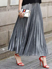 Elastic Waist Solid Color Pleated Maxi Skirts