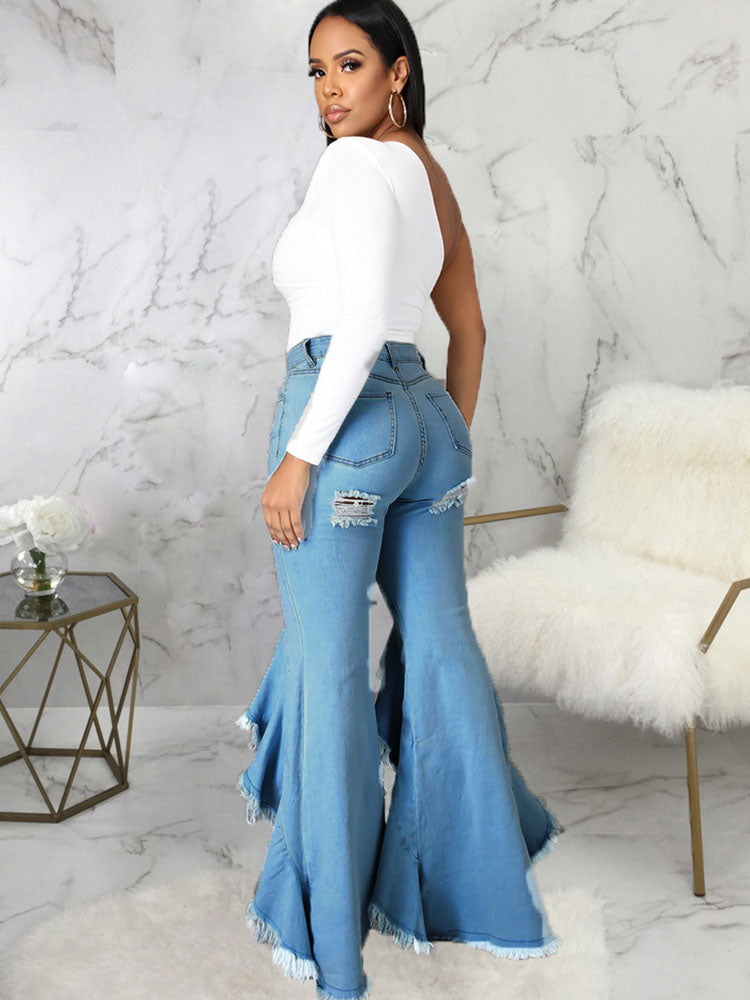 Denim Ripped Ruffle Hem Long Jeans