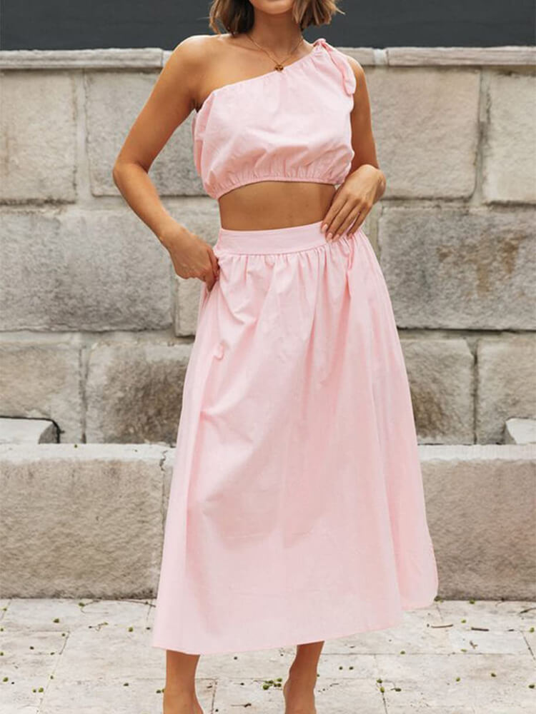 One Shoulder Sleeveless Crop Top & Split Midi Skirts