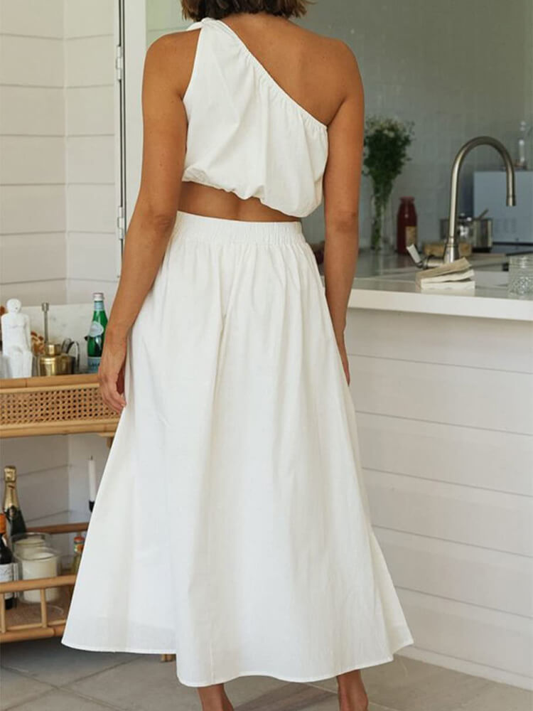 One Shoulder Sleeveless Crop Top & Split Midi Skirts