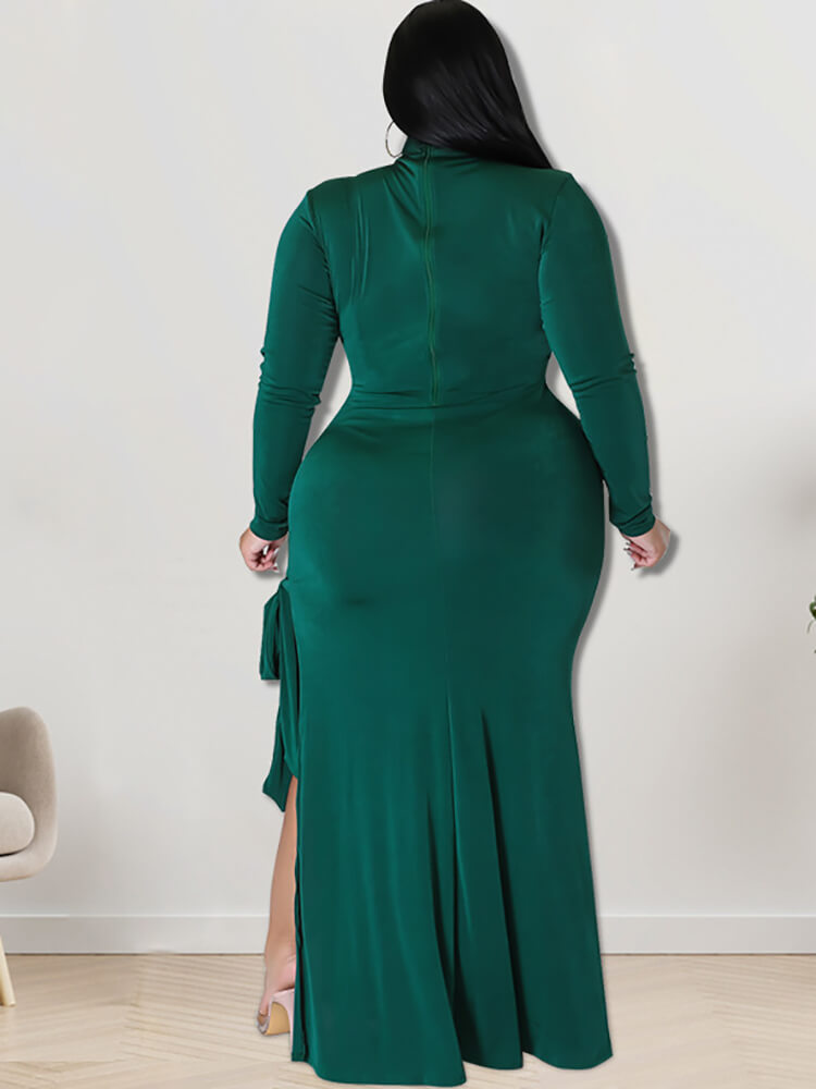 Plus Size Long Sleeve Mock Neck Split Maxi Dresses