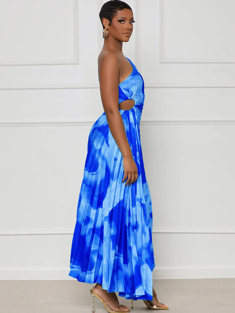 One Shouler Tie Dye Ruched Midi Dresses