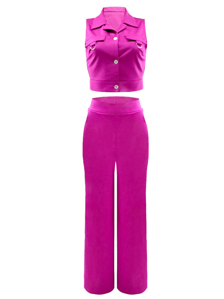 Solid Color Polo Neck Vest Long Pants Set