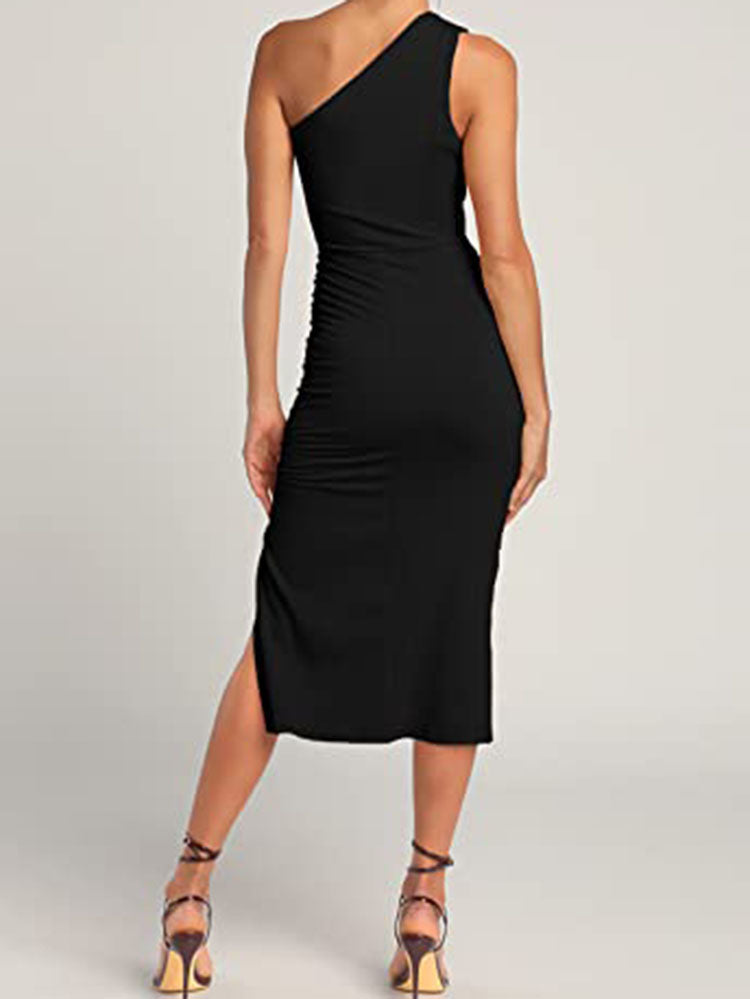 One Shoulder Sleeveless Bodycon Ruched Split Midi Dresses