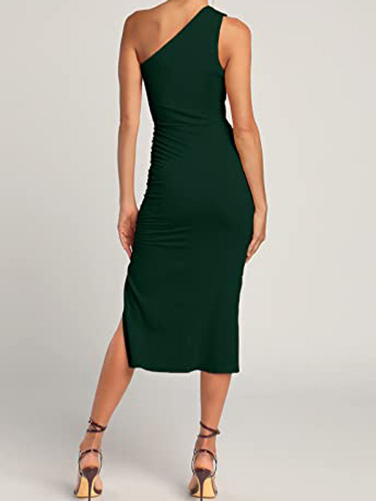 One Shoulder Sleeveless Bodycon Ruched Split Midi Dresses