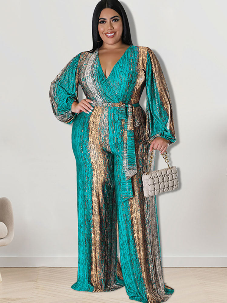 Plus Size Long Sleeves Tie Dyed Print Jumpsuits